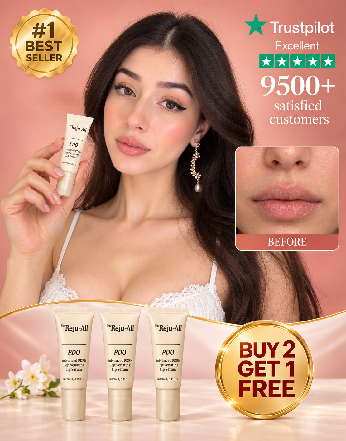 A promotional beauty ad showing a woman holding a tube of Reju-All PDO facial filler, with four more tubes displayed at the bottom. The image includes marketing text and badges, including a Trustpilot star rating, a '#1 Best Seller' gold seal, a before-and-after skin close-up, and a 'Buy 2 Get 1 Free' offer.